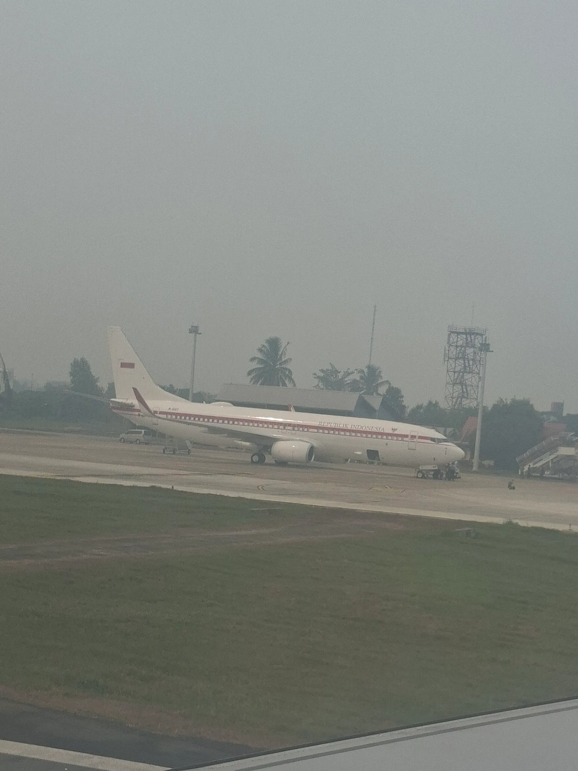 The Indonesian presidential aircraft landing at Supadio Airport on 22 August 2026, during the President's visit to review the handling of the fires in West Kalimantan